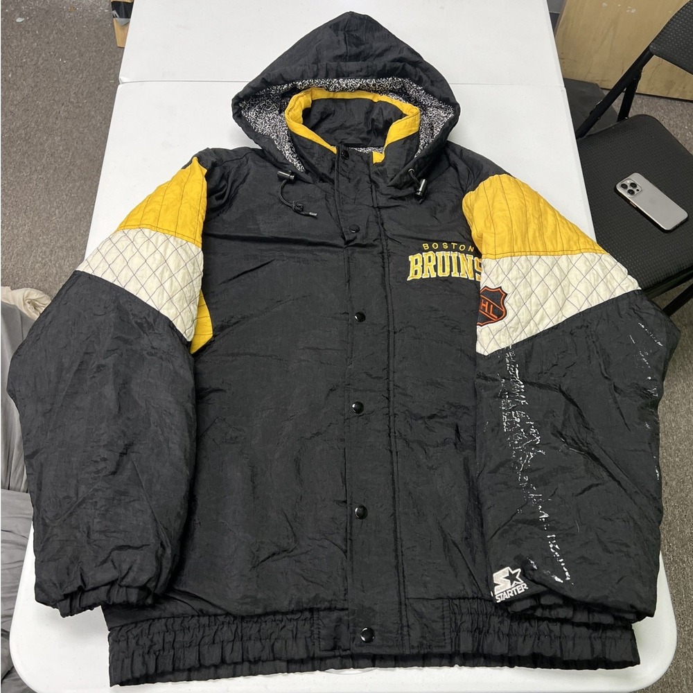 Starter Boston Bruins Jacket Mens Large Black Yellow NHL Vintage Puffer Hooded